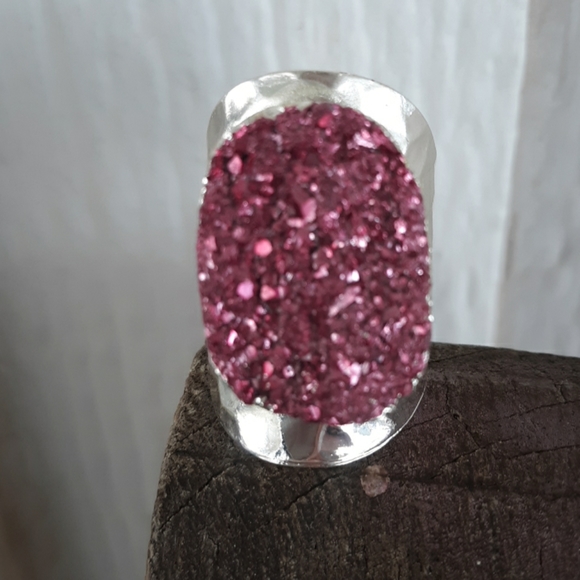 Pink Titanium Druzy Silver Plated Adjustable Ring. - Picture 7 of 8